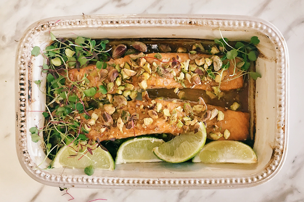 Miso Ginger Salmon with Crushed Pistachio in a dish