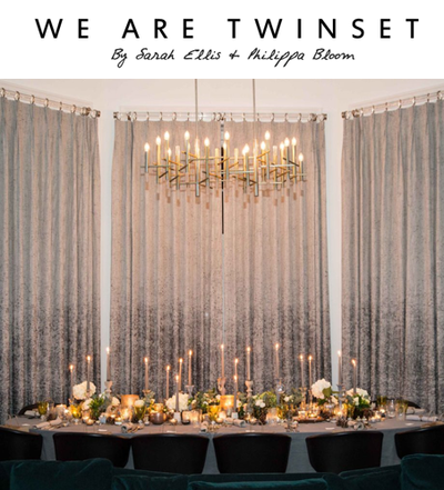 We Are Twinset By Sarah Ellis & Philippa Bloom text logo with view of table setting surrounded by flowers, candles and candled chandelier. 