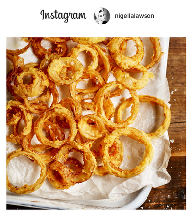 Screen capture of instagram post from nigellalawson of fried onion rings. 