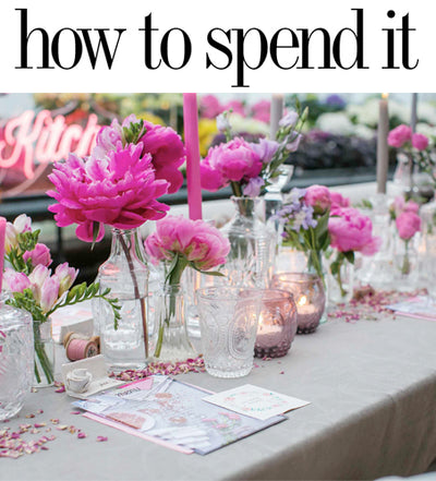 Text at top: How to Spend it with view of glasses and flowers on beige table. 