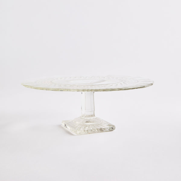 Clear glass cake stand. 