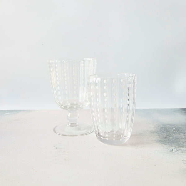 Clear with white dotted design glass mixed set.