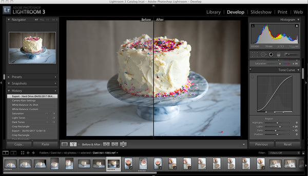 Photography editing software, editing photo of a white cake. 