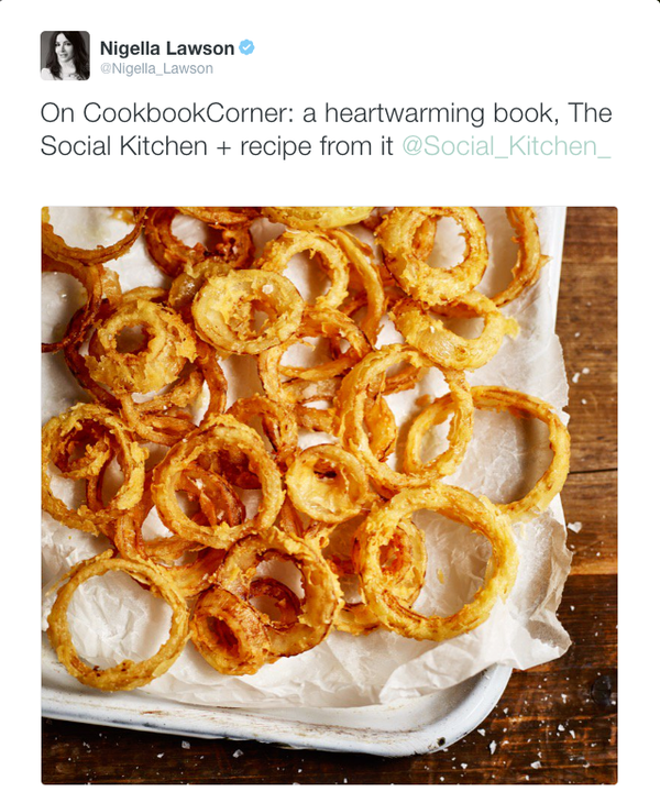Screen capture of tweet saying, "On CookbookCorner: a heartwarming book, The Social Kitchen + recipe from it @Social_Kitchen" with photo of fried onion rings. 