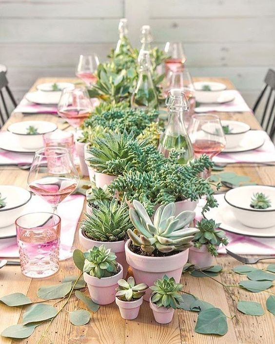 Wood table setting with pink plates surrounded by succulents. 