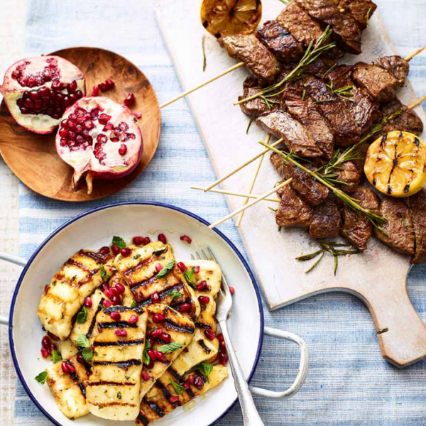 Grilled Halloumi with Honey & Rosemary Steak Skewers