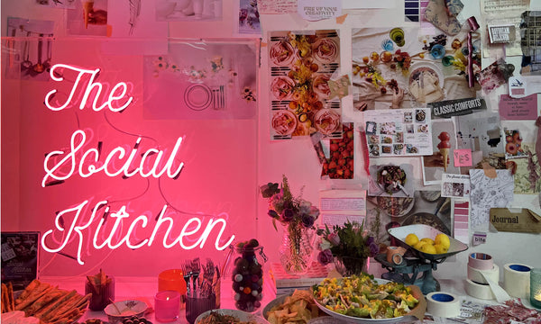 Moodboard of images and pink neon lighting with The Social Kitchen logo