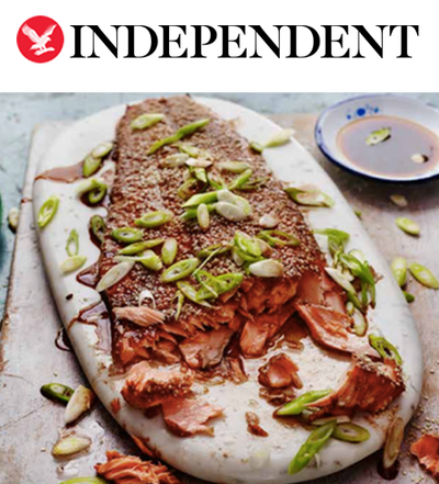 Independent text logo with photo of salmon covered with spring onions. 
