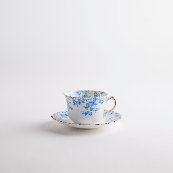 Blue and white tea cup with saucer.