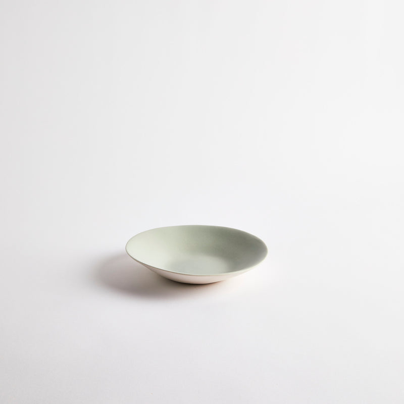 White with pale blue interior ceramic shallow bowl.