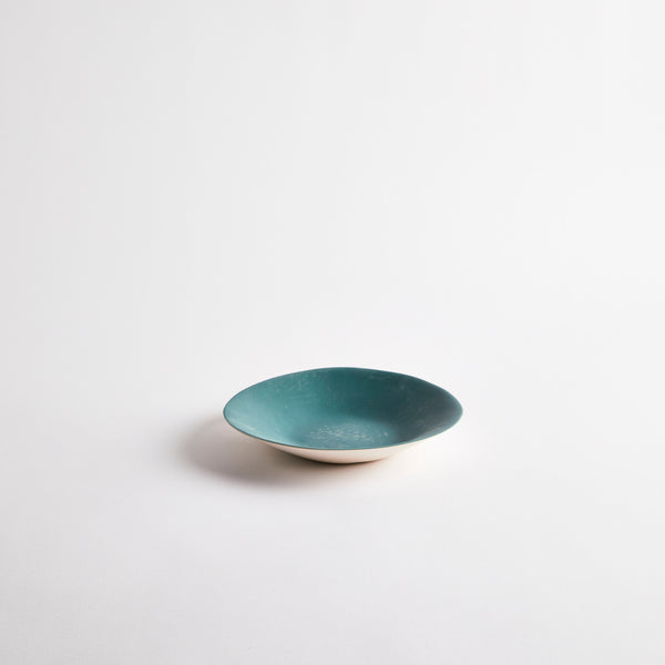 White with teal interior ceramic shallow bowl.