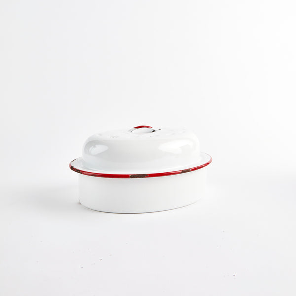 White with worn red trimming casserole dish.