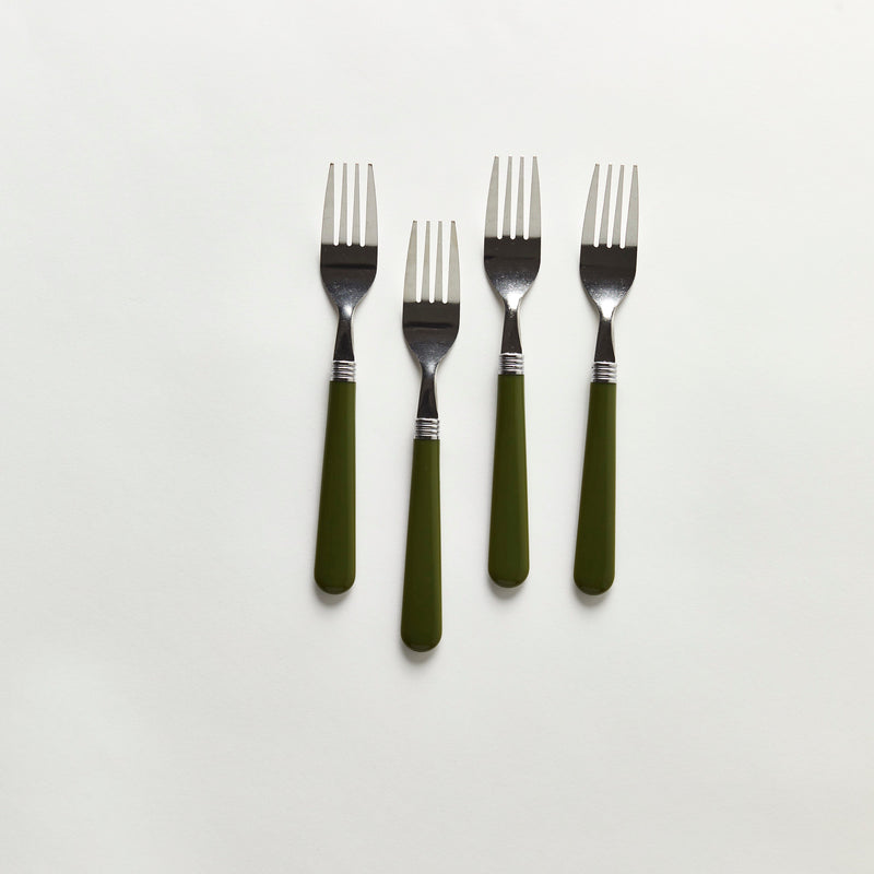 Four silver forks with green handle.