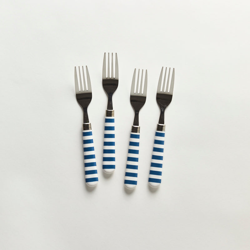 Four silver forks with white and blue striped handle.