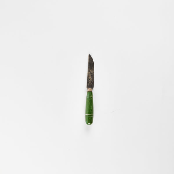 Small silver knife with green wooden handle.