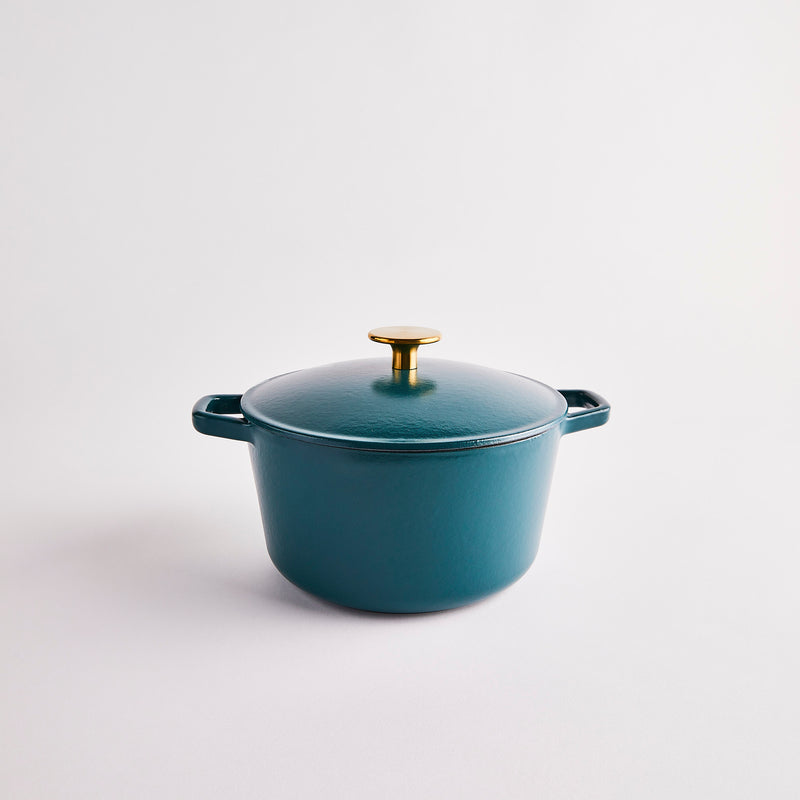 Teal cast iron pot with lid.
