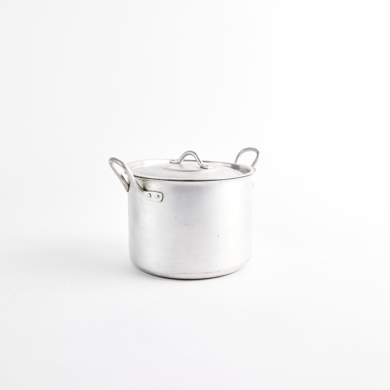 Silver metal pot with lid.