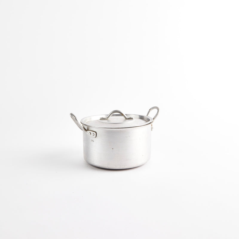 Silver metal pot with lid.