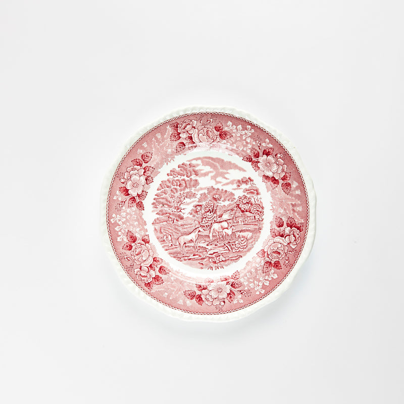 Pink plate with farm decor print.