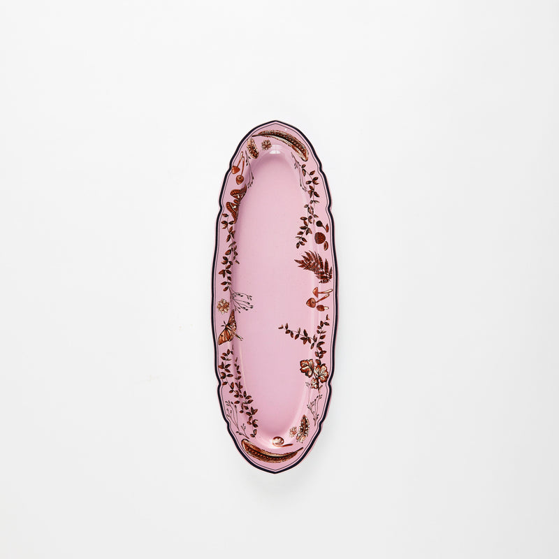 Pink oval platter with woodland pattern rim.