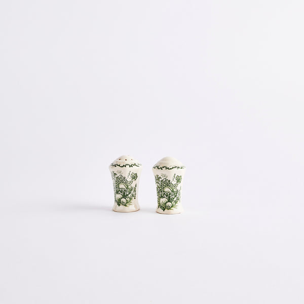 White with green design salt and pepper shaker.