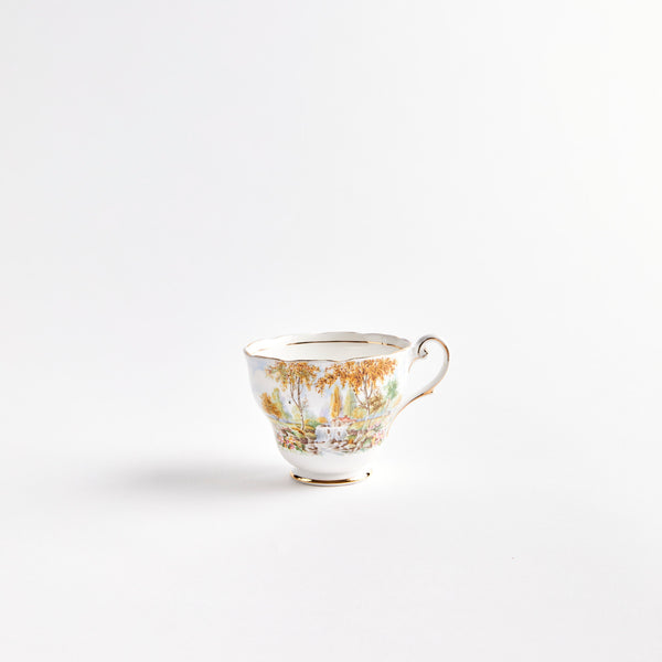 White teacup with field setting design.