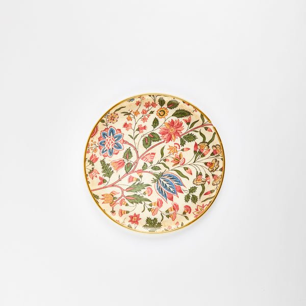 Round multicolour floral design tray with gold rim.