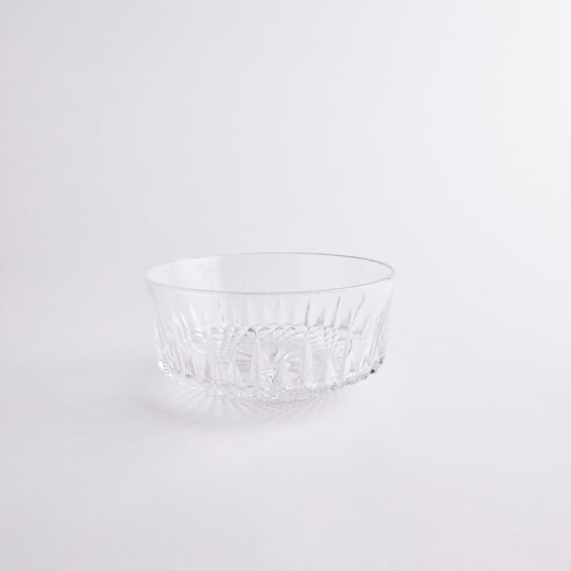 Clear glass trifle bowl with etched design.