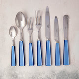 Blue silver cutlery.