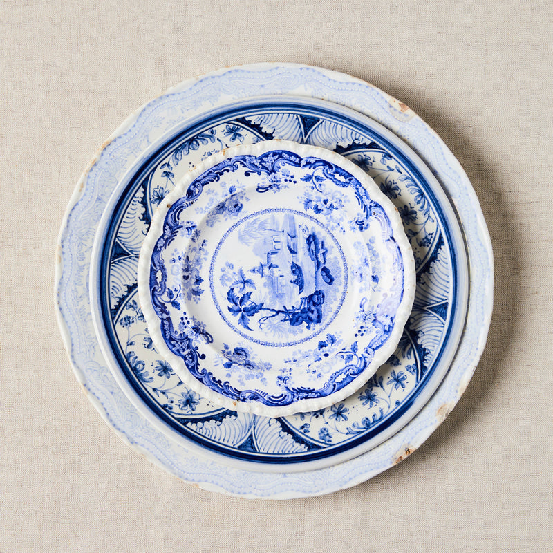 Blue and white mixed vintage plates.