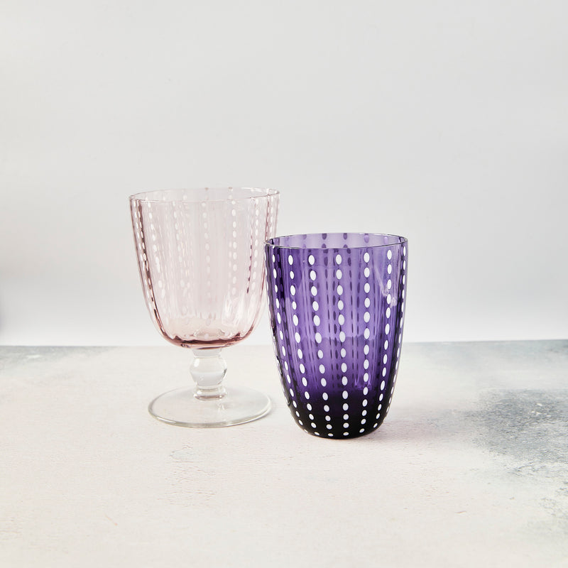 purple and blush white dotted mixed glass set.