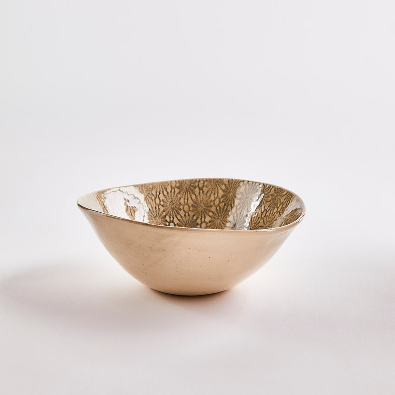 Cream with grey embossed inside bowl.