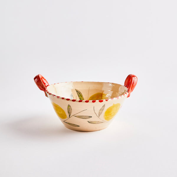 Cream with hand painted lemons and leaves with red handles bowl.