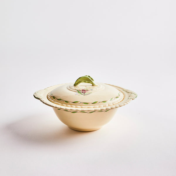 Cream with greenery edges bowl and lid.