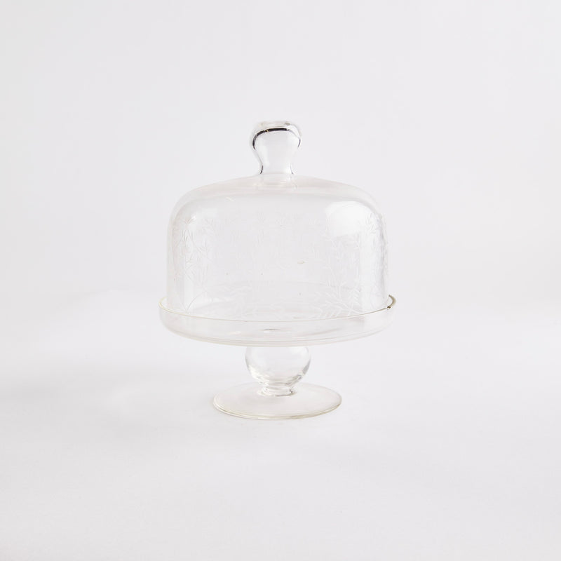 Clear glass cake stand with lid. 