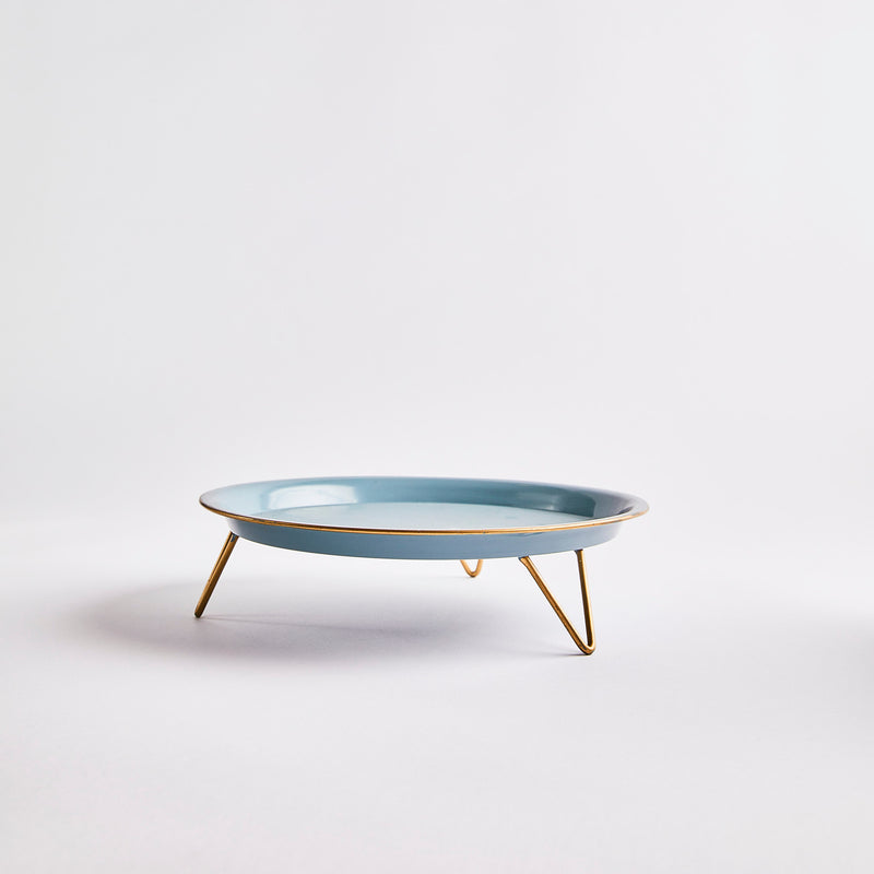 Blue with gold hairpin legs cake stand.