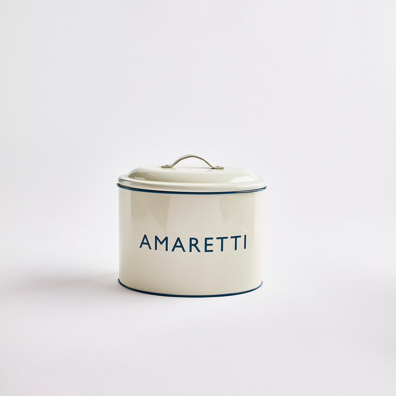 Cream container with amaretti text in black.