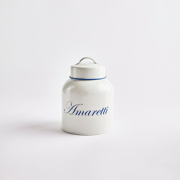 White container with amaretti text in blue.