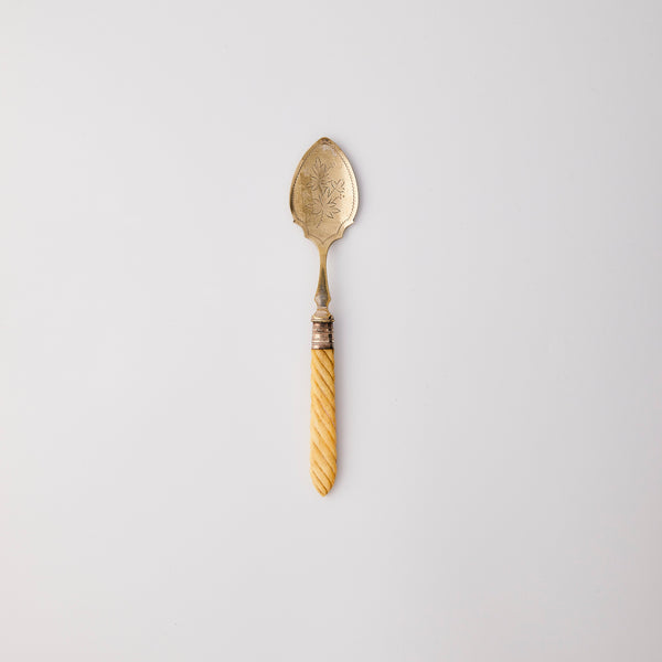 Silver with cream handle spoon.