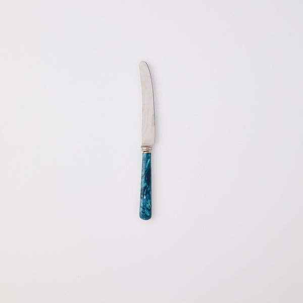 Silver knife with mixed blue handle. 