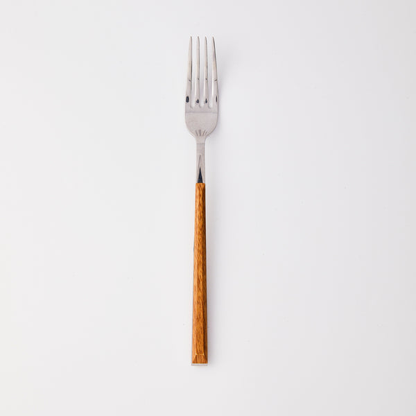 Silver with wood handle fork. 