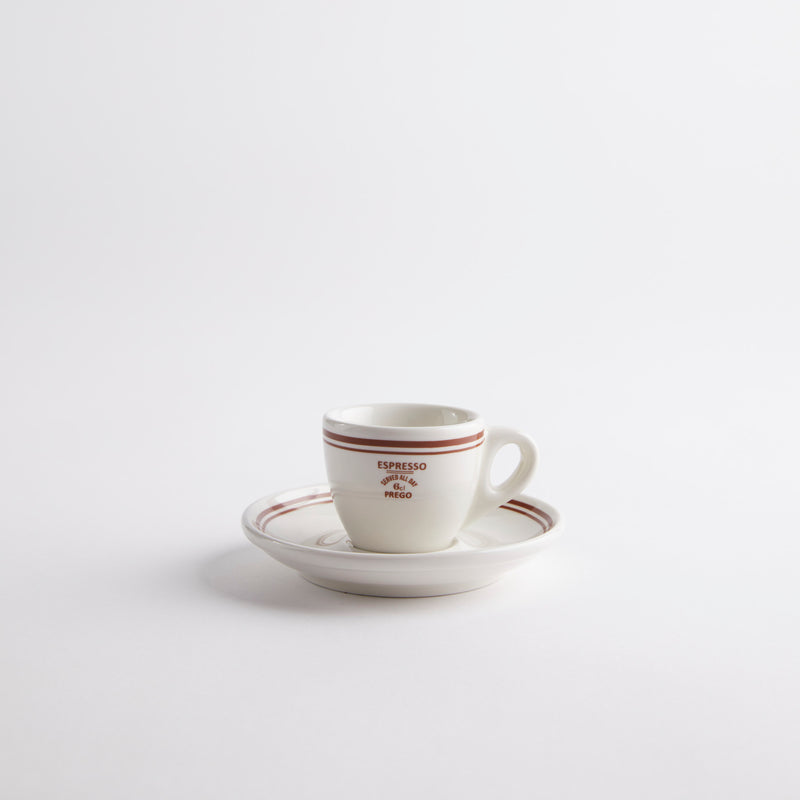 White with brown detailing espresso cup and saucer. 