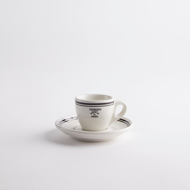 White with black detailing espresso cup and saucer. 
