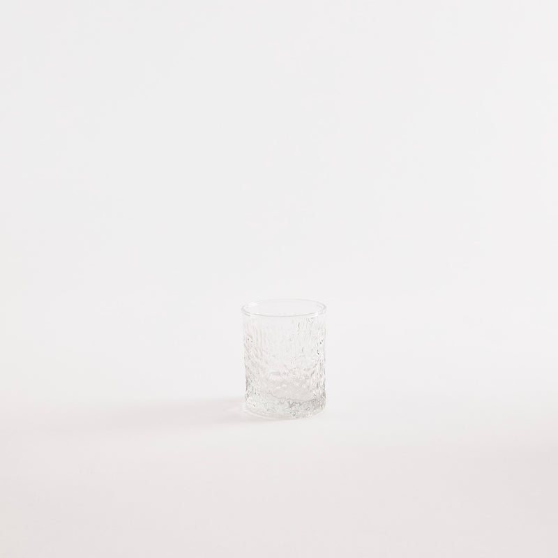 Clear glass tumbler with embossed design.