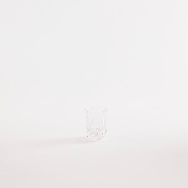 Clear glass tumbler with design.