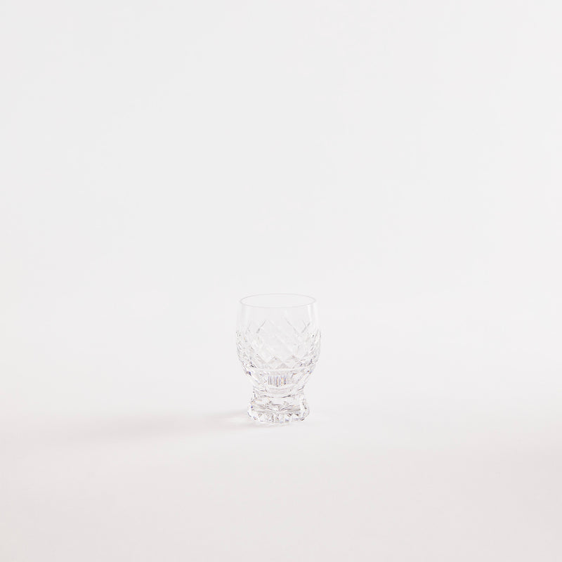 Clear glass tumbler with etched design.