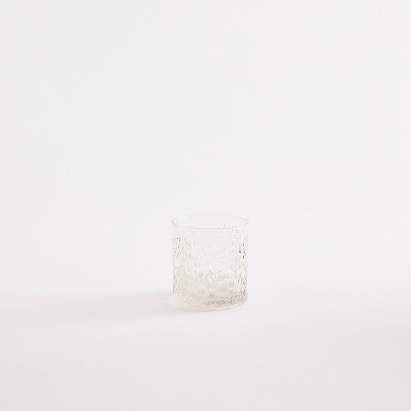 Clear glass tumbler with etched design.