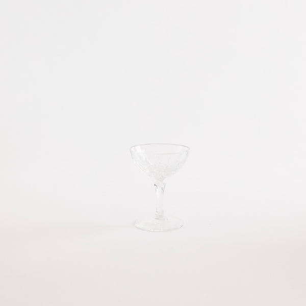 Clear glass coupe with etched design.