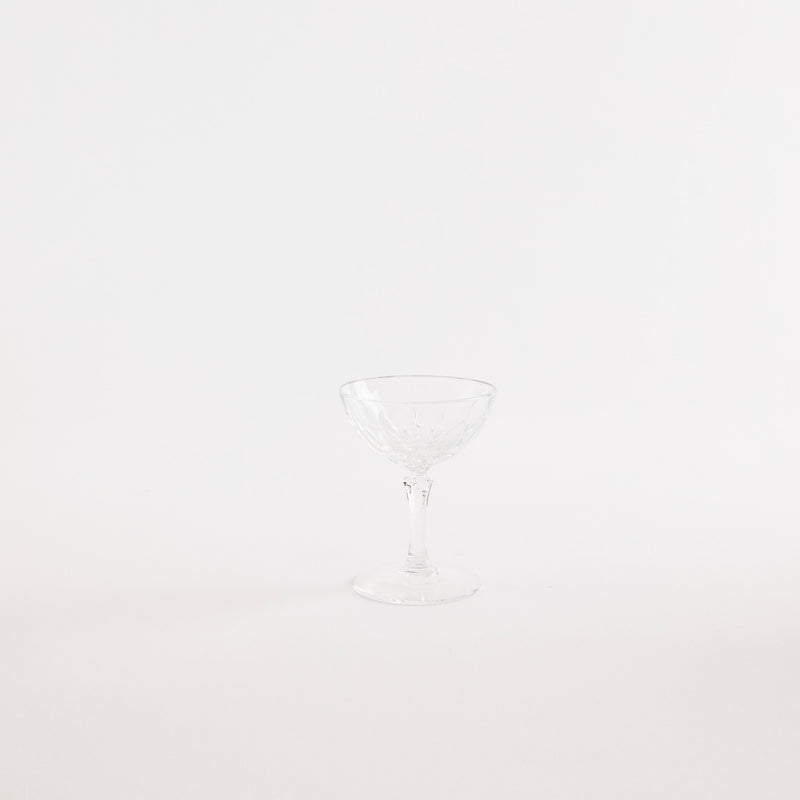 Clear glass coupe with etched design.
