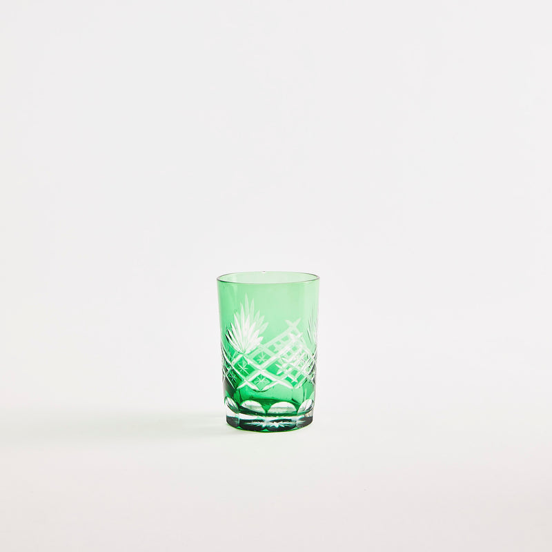 Green glass tumbler with etched design.